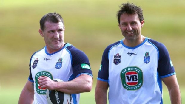 Keeping close counsel: NSW captain Paul Gallen with Blues coach Laurie Daley