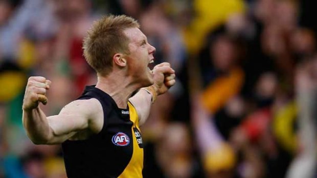 Richmond's Jack Riewoldt celebrates after kicking his 10th goal during the round 12 game against the West Coast Eagles.