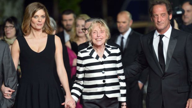 French director Claire Denis in Cannes, flanked by Chiara Mastroianni and Vincent Lindon from her film <i>The Bastards</i>.