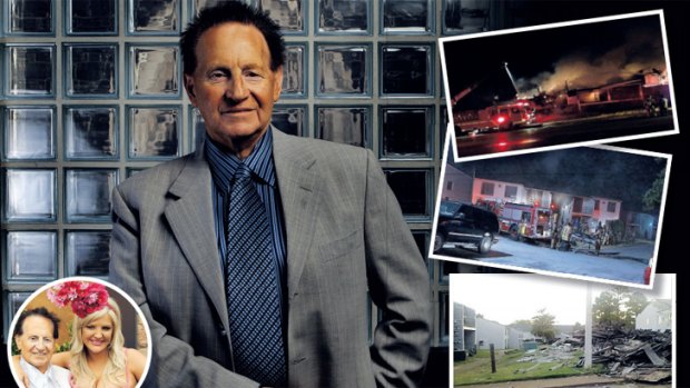 Geoffrey Edelsten and (inset) with wife Brynne. Inset right: The apartment complex in Memphis that has been repeatedly torched by arsonists.