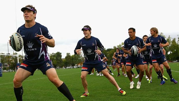 Melbourne Storm players train at Gosch's Paddock yesterday.