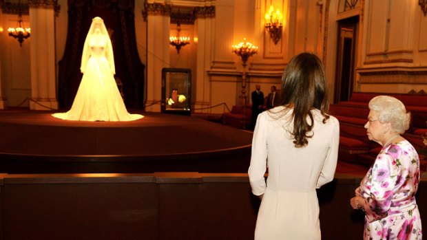 "Horrid" ... Kate Middleton and the Queen view the wedding dress display.