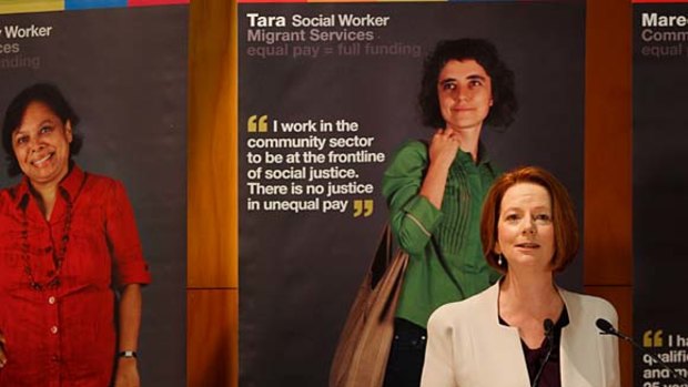 Prime Minister Julia Gillard addresses community workers at Sydney's Techology Park to announce funding plans for underpaid workers.