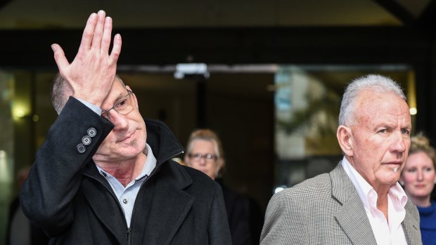 John Dunn and Terry Skippen, who were both abused by Cable, outside court on Thursday after the paedophile's sentencing.
