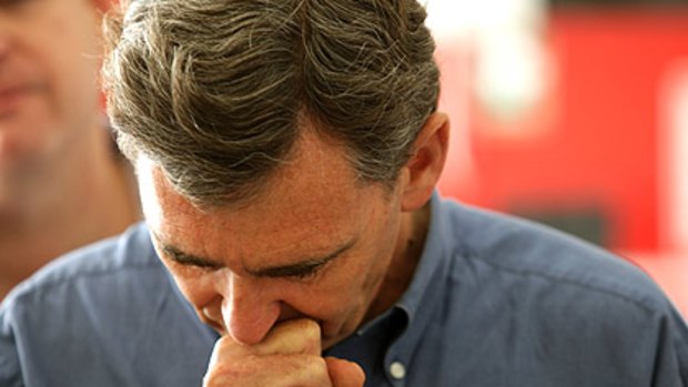 Premier John Brumby breaks down while speaking at a press conference at Kilmore.