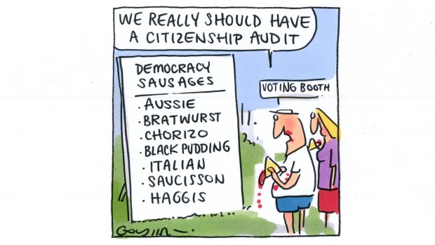 Matt Golding Man looks at a board of Democracy Sausage, international named sausages and says 'We really should have a citizenship audit'.