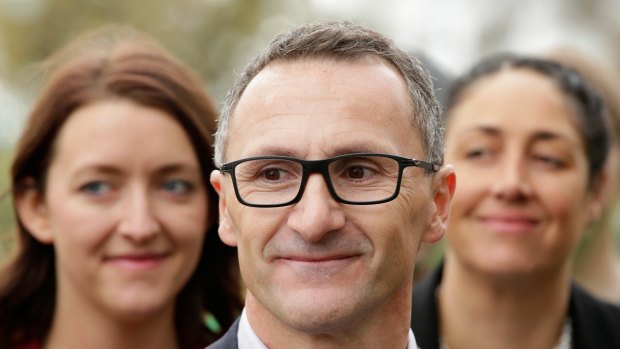 Greens candidates Stephanie Hodgins-May and Alex Bhathal with Richard Di Natale.
