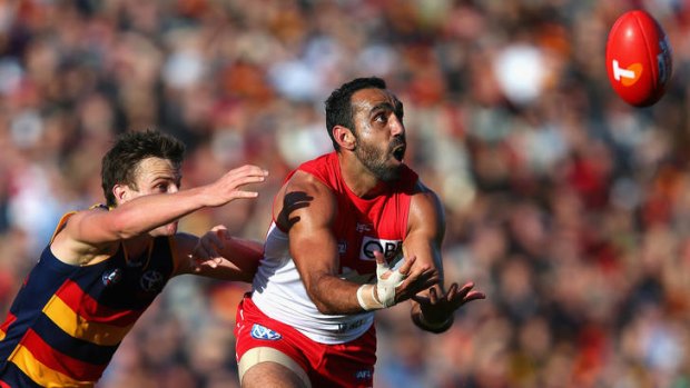 Adam Goodes marks in front of Brodie Smith during the second AFL Qualifying Final between the Adelaide Crows and the Sydney Swans at AAMI Stadium in Adelaide.