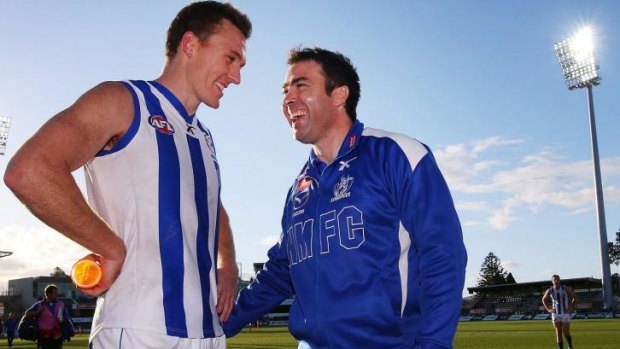Drew Petrie and Brad Scott after the round 22 win over the Crows on Saturday.