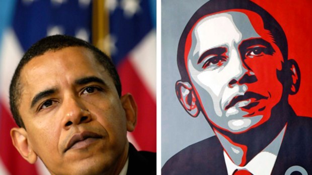 The Associated Press photo of Barack Obama and right, Shephard Fairey's poster.