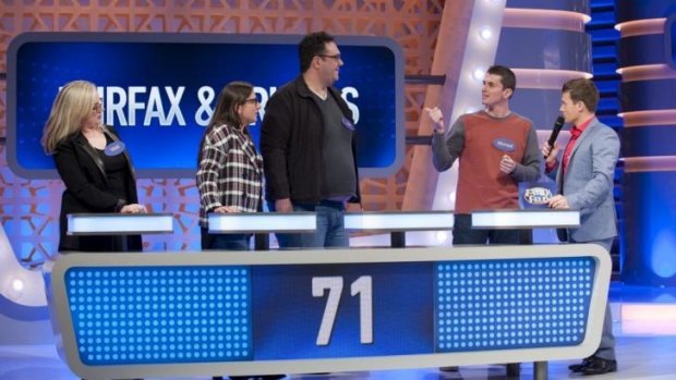 Fairfax reporter Michael Lallo (second from right) tests his knowledge in a trial run of the new <i>Family Feud</i>.