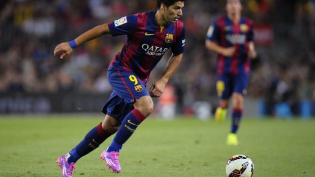 Luis Suarez in action during the Joan Gamper trophy friendly against Leon at the Camp Nou.