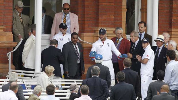 England wicketkeeper Matt Prior apologises to fans after a dressing room window at Lord's was shattered.