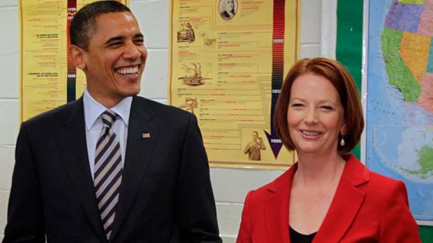 Question time ... Prime Minister Julia Gillard and US President Barack Obama were quizzed by students at a Virginia high school.