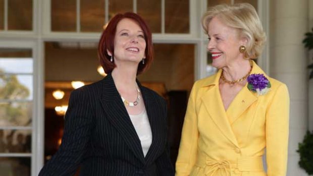 Julia Gillard with Quentin Bryce at Government House after being sworn in as Prime Minister.