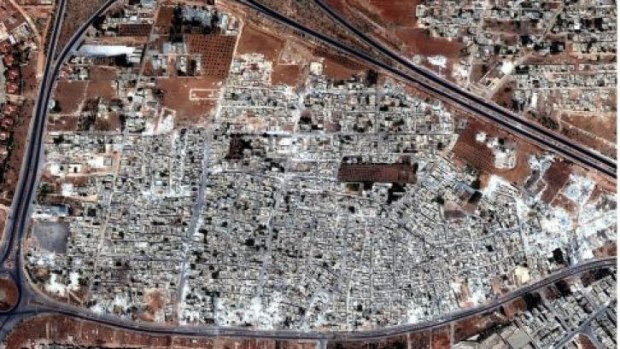 A handout picture from Human Rights Watch that show a neighbourhood before it was bulldozed by forces loyal to Syrian President Bashar al-Assad in 2012.