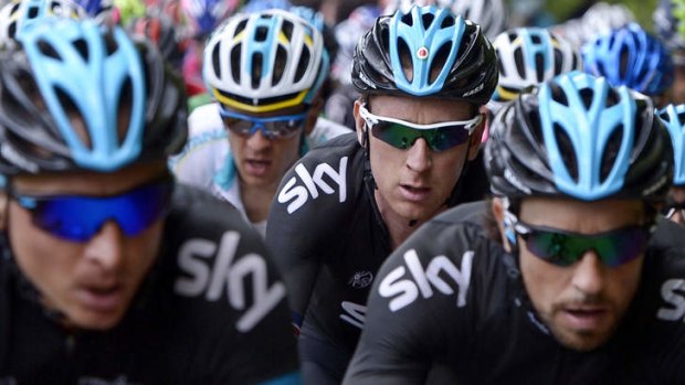 Struggling with illness: Bradley Wiggins, second from right, during the 10th stage of the Giro d'Italia.