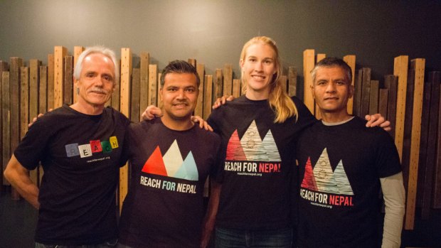 REACH for Nepal ambassador Kim Brennan with co-founders Lou Nulley and .Lachhu Thapa and trek leader Raju Thapa.