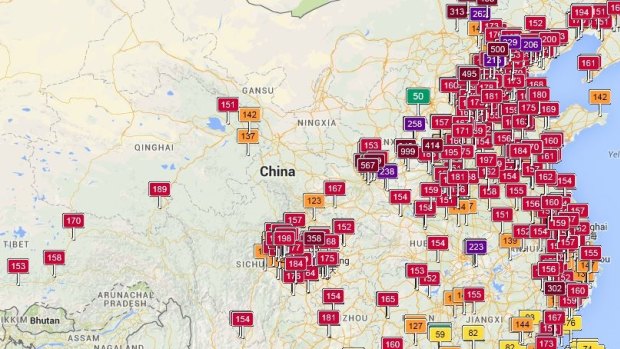 The World Air Quality map shows large red swathes with unhealthy air quality in China . 