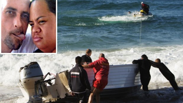 Washed up ... police and lifeguards recover the boat on Wanda Beach. Top left: Drowned ... Norman Baegar and Susan Brown. Photo: Channel 10.