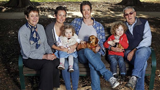 Western Bulldogs footballer Robert Murphy (centre) with (from left) his mother Monica, wife Justine, daughter Frankie, dog Arthur, son Jarvis and father John.