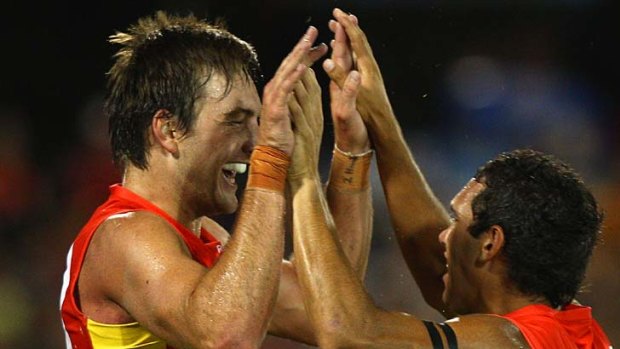 Charlie Dixon (L) of the Suns celebrates a pre-season goal with Harley Bennell.