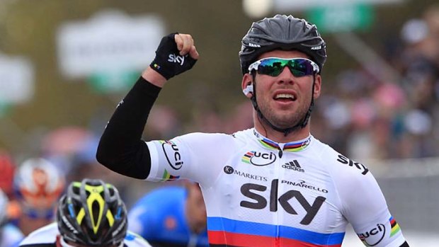 Britain superstar Mark Cavendish beats Matt Goss of Orica-GreenEDGE in the sprint to win stage two of the GIro d'Italia.