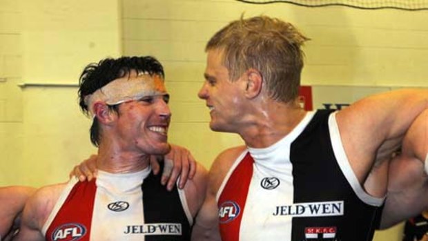 Lenny Hayes and Nick Riewoldt, arguably the Saints' most important men on the night, savour their nail-biting four-point qualifying final win.