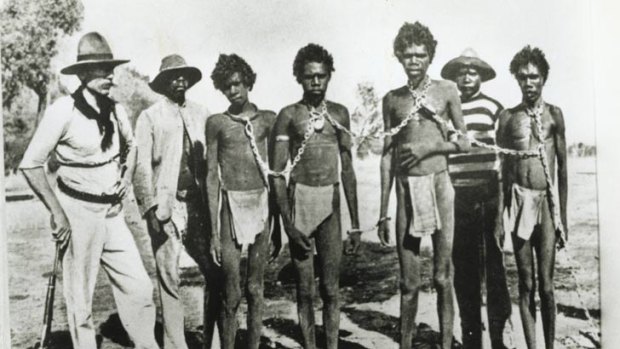 Prisoners of an undeclared war: Aborigines in shackles early last century.
