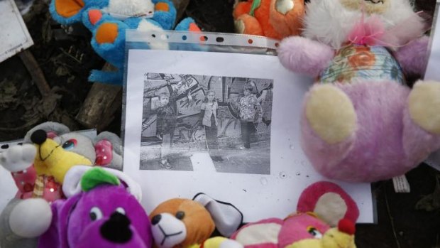 Mementos placed by local residents at the crash site of MH17 near Rozspyne in Ukraine.