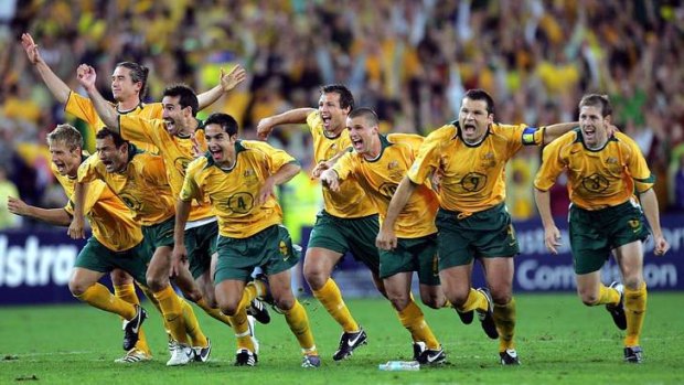 That night: The Socceroos celebrate qualifying for the 2006 World Cup.