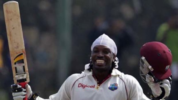 Triple century ... West Indies batsman Chris Gayle celebrates.