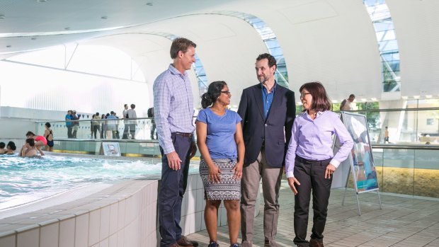 From left, Royal Life Saving's CEO Justin Scarr, Devina Nand, from Fiji, Dr David Meddings from World Health Organisation in Geneva and Thailand's Nipa Srichang visit Ian Thorpe Pool in Sydney to discuss drowning rates across the world. 