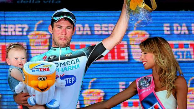 Mark Cavendish on the podium after his stage win.