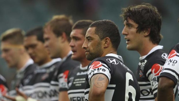 Down &#8230; Benji Marshall and teammates after the Souths loss.