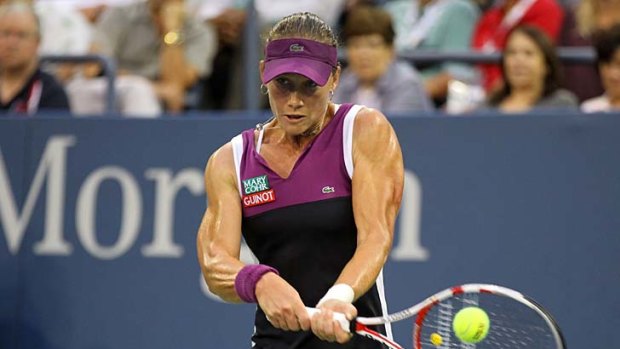 Samantha Stosur  hits a return against Angelique Kerber of Germany on her way towards the US Open final.