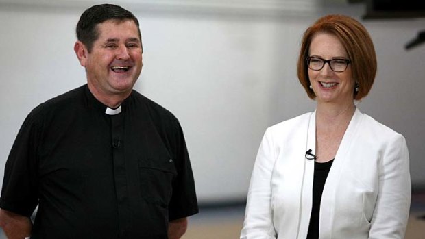 Julia Gillard and Father Chris Riley at Koch Centre for Youth, Macquarie Fields.