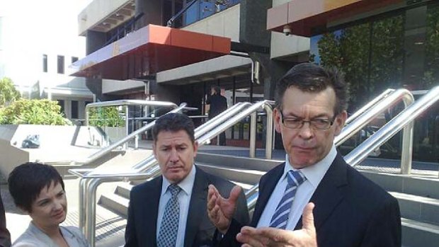 Toowoomba regional council chief executive officer Ken Gouldthorp and mayor Peter Taylor address the media after giving evidence at the flood inquiry.