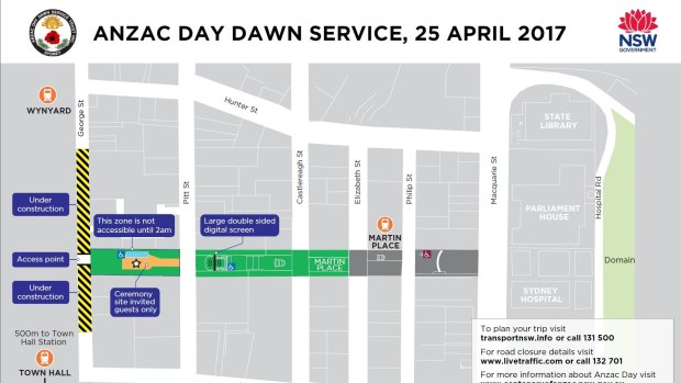 Anzac Day map for the Sydney CBD.