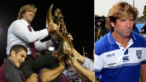 Wild ride ...  Des Hasler, left, celebrates last year’s grand final win with Manly. He is now with Canterbury (right).