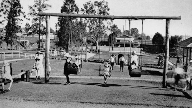 Children in the playground at Ithaca in Red Hill in 1918. Early playgrounds were sets of simple individual pieces of equipment that usually were not linked together in any meaningful way.