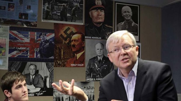 Prime Minister Kevin Rudd spoke to students at Bede Polding College with posters of Hitler, Mussolini, Rommel and Einsenhower on the wall.