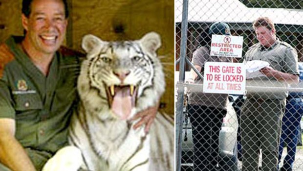 (Left) A file photo of Craig 'The Lion Man' Busch with a white tiger and cubs, and (right) police at the wildlife park where the attack occurred.