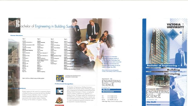 A Victoria University brochure with the false advertising about the Bachelor of Engineering in Building Surveyor course.