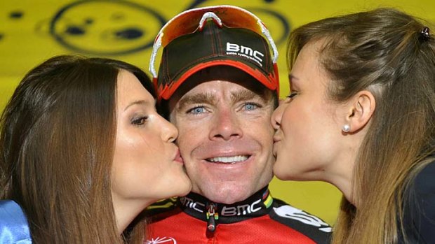 Cadel Evans on the winners' podium after winning the sixth stage of the Tirreno-Adriatico.