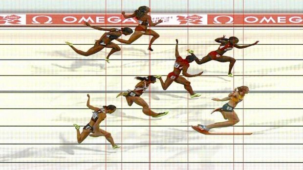Australia's Sally Pearson wins the women's 100m hurdles final as seen in this official photo finish during the London 2012 Olympic Games at the Olympic Stadium.