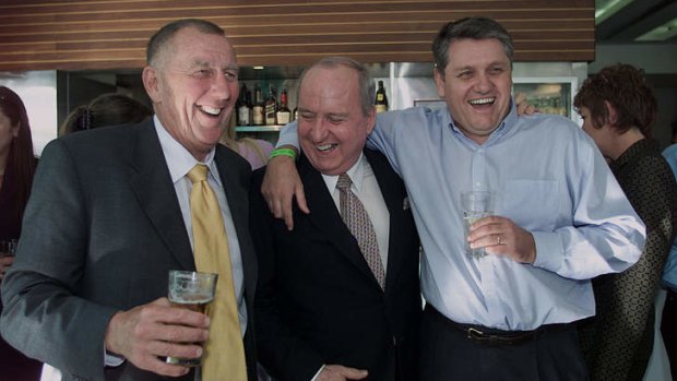 The boys' club ...  John Singleton, Alan Jones and Ray Hadley celebrate ratings success at a Darling Harbour bar in 2002