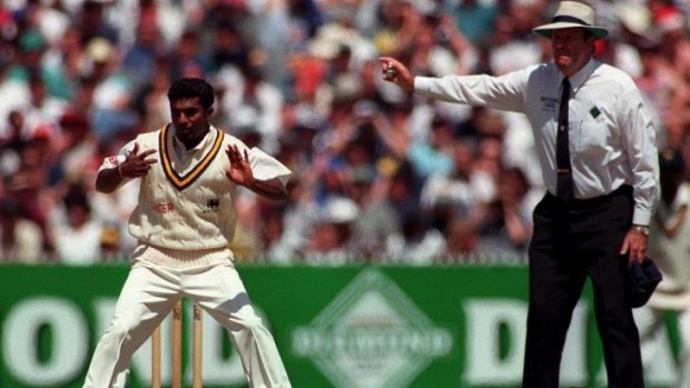 No-ball: Darrell Hair calls Muttiah Muralitharan for chucking during the 1995 Boxing Day Test.