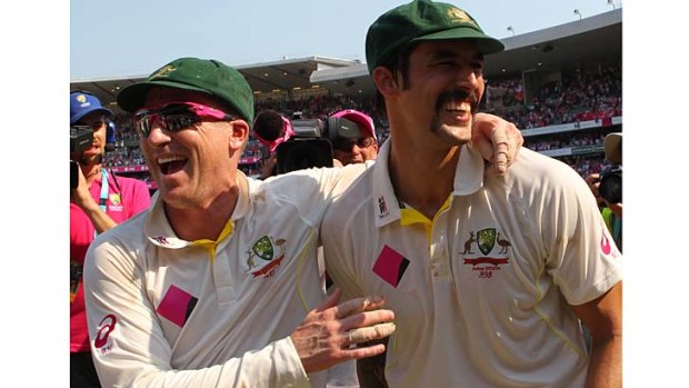 Brad Haddin and Mitchell Johnson after the whitewash was completed at the SCG on Sunday.