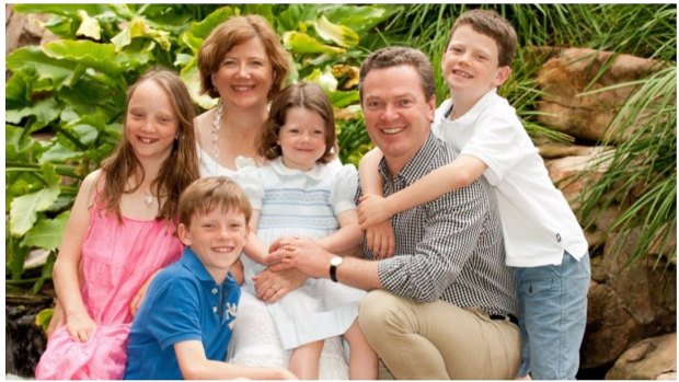 Carolyn and Christopher Pyne with their four children (from left) Eleanor, Barnaby, Aurelia and Felix, in 2012.